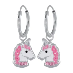Oorringen met hanger, hoofd van eenhoorn met roze kristallen halsband