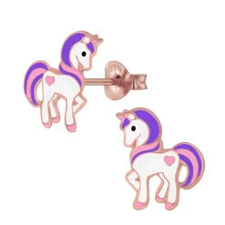 Rose gold plated oorstekers, eenhoorn met paars en roze