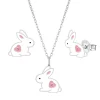 Set van zilveren ketting en oorstekers, konijn met roze hartje met kristal