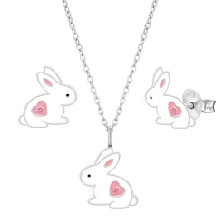 Set van zilveren ketting en oorstekers, konijn met roze hartje met kristal