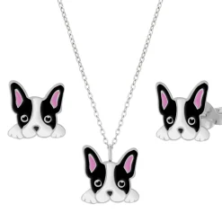 Set van zilveren ketting en oorstekers, Franse Bulldog