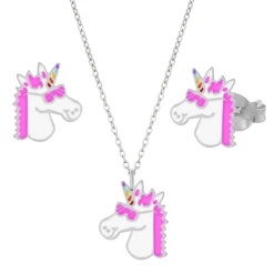 Set van zilveren ketting en oorstekers, eenhoornhoofd met roze manen en zonnebril