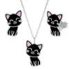 Set van zilveren ketting en oorstekers, zwart katje