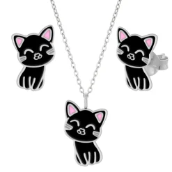 Set van zilveren ketting en oorstekers, zwart katje