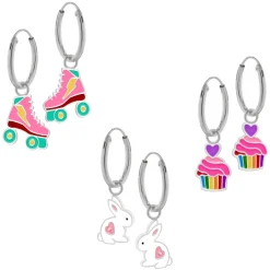 Set van zilveren oorringen met hanger, rolschaats, cupcake en konijn met kristal