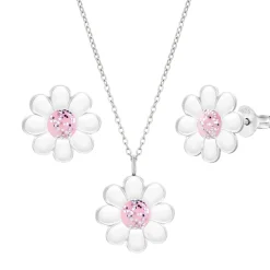 Set van zilveren oorstekers en ketting, madeliefje met roze hart met glitter