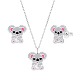 Set van zilveren oorstekers en ketting, koala beertje met onyx ogen