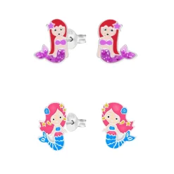 Set van zilveren oorstekers, zeemeermin met paarse staart en ster en zeemeermin met roze haar en blauwe staart