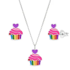 Set van zilveren oorstekers en ketting, kleurige cupcake met paars hartje