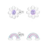 Set van zilveren oorstekers, madeliefje met paars hart met glitter en regenboog in pastel kleuren met glitter