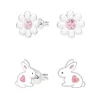 Set van zilveren oorstekers, madeliefje met roze hart met glitter en konijntje met hartje en kristal op bil