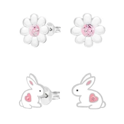 Set van zilveren oorstekers, madeliefje met roze hart met glitter en konijntje met hartje en kristal op bil