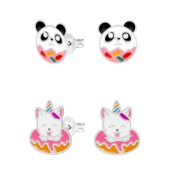 Set van zilveren oorstekers, panda donut en eenhoorn kat in donut