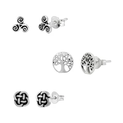 Set van zilveren oorstekers, triskele, knoopje en tree of life