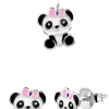Set zilveren ketting en oorstekers, panda met roze strikje