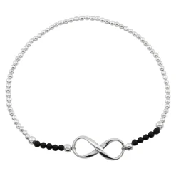 Zilveren armband van elastiek met zilveren en zwarte bolletjes en infinity teken