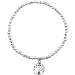 Zilveren armband van elastiek met zilveren bolletjes en tree of life