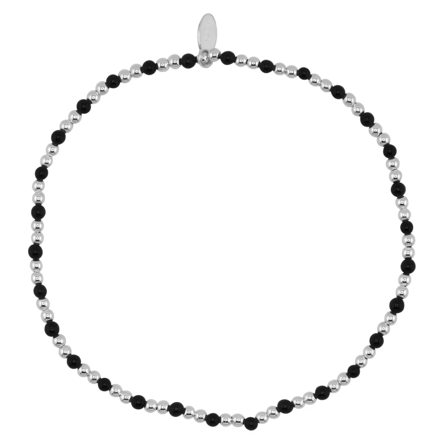 Zilveren armband van elastiek met zilveren en zwarte bolletjes