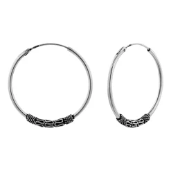 Zilveren Bali hoops, 30 mm, met kringeltjes en geoxideerde delen