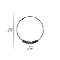 Zilveren Bali hoops, 30 mm, met kringeltjes en geoxideerde delen