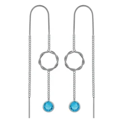 Zilveren chain oorbellen, bewerkte cirkel en blauw kristal