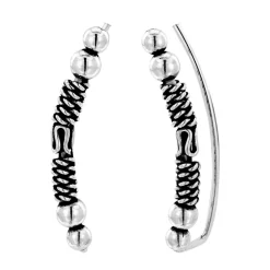 Zilveren ear climber, Bali look met bolletjes gedraaide banden