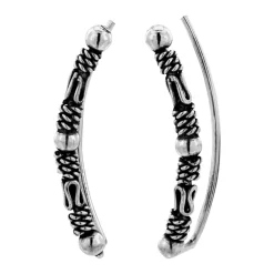 Zilveren ear climber, Bali look met bolletjes en geoxideerde delen