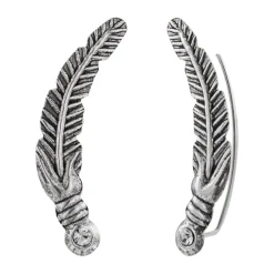 Zilveren ear climber, veer met kristal