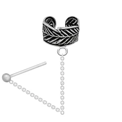 Zilveren ear cuff, blad met chain