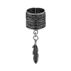 Zilveren ear cuff, brede band met veertje