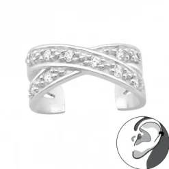 Zilveren ear cuff, gekruiste banden met kristallen