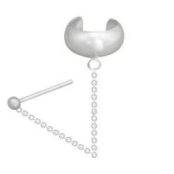 Zilveren ear cuff, gladde band met chain