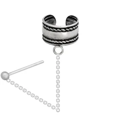 Zilveren ear cuff, gladde band met geoxideerde, gedraaide randen en chain