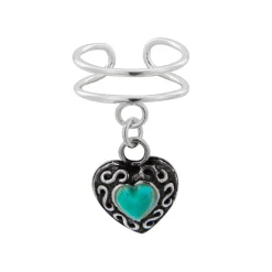 Zilveren ear cuff met hanger, bewerkt hart met turquoise steen