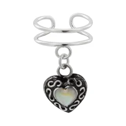 Zilveren ear cuff met hanger, bewerkt hart met maansteen