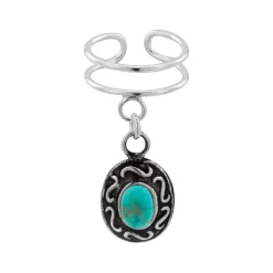 Zilveren ear cuff met hanger, bewerkte ovaal met turquoise steen