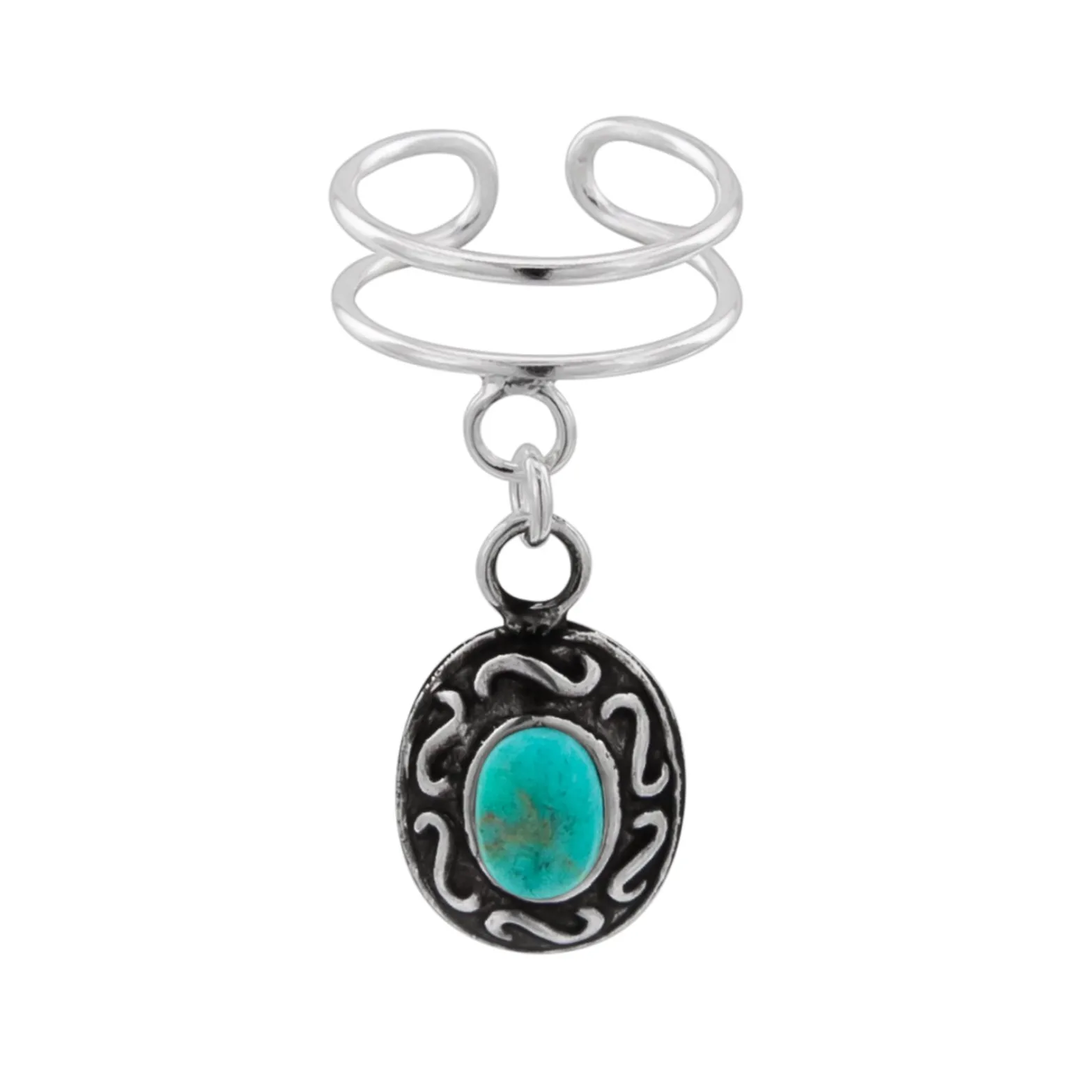Zilveren ear cuff met hanger, bewerkte ovaal met turquoise steen