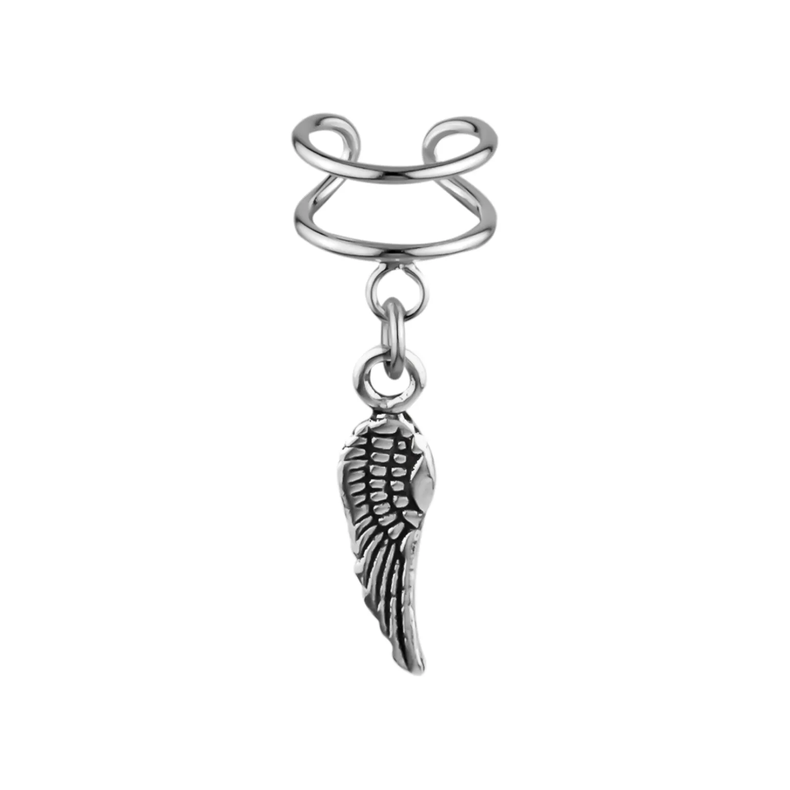 Zilveren ear cuff met hanger, vleugel