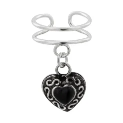 Zilveren ear cuff met hanger, bewerkt hart met onyx steen