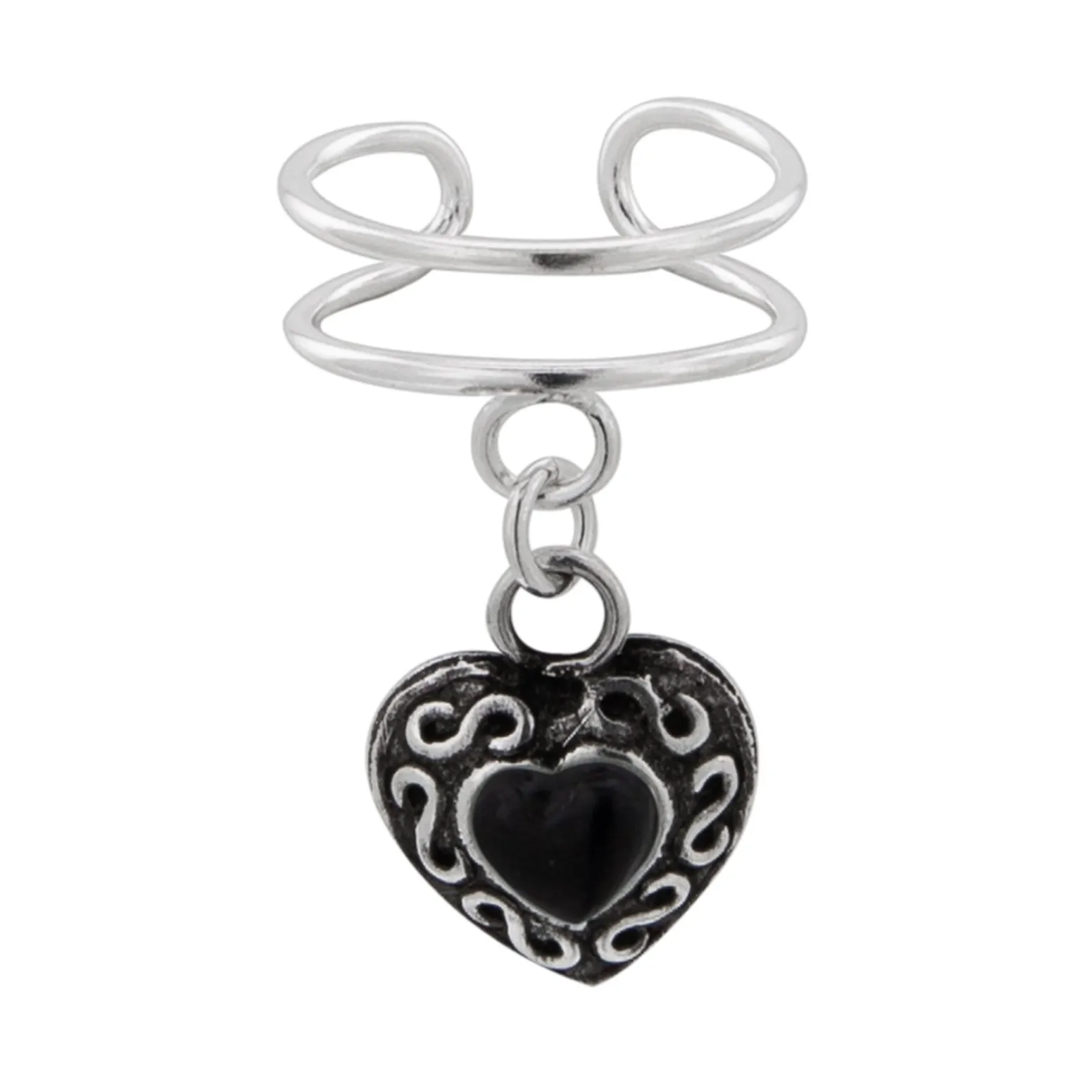 Zilveren ear cuff met hanger, bewerkt hart met onyx steen