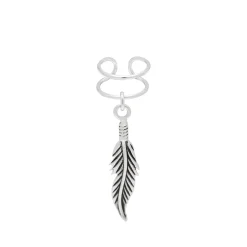 Zilveren ear cuff met hanger, veertje