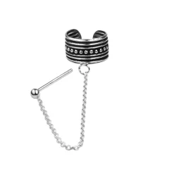 Zilveren ear cuff, rijk bewerkt met chain