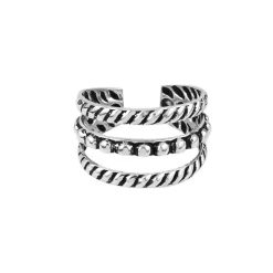 Zilveren earcuff drie banden met vlecht- en bolletjesdetail