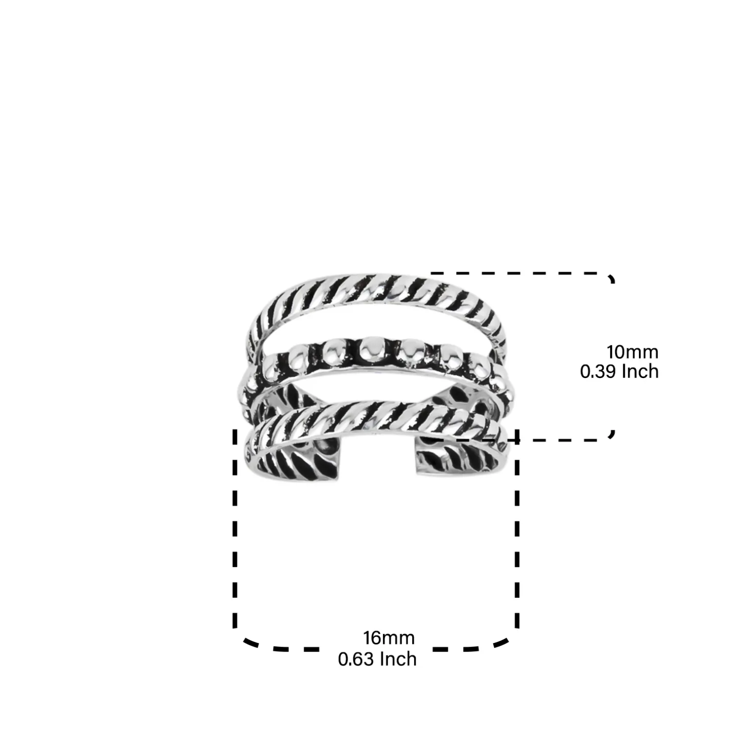 Zilveren earcuff drie banden met vlecht- en bolletjesdetail