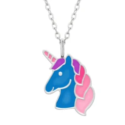 Zilveren ketting, blauw eenhoornhoofd met roze manen