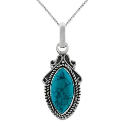 Zilveren ketting, druppelvormige turquoise steen en sierlijke details