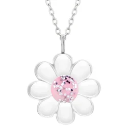 Zilveren ketting, madeliefje met roze hart met glitter