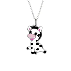Zilveren ketting met hanger, blije koe