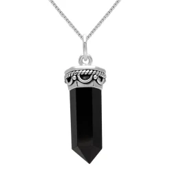 Zilveren ketting met hanger, puntige onyx steen met rijk bewerkte rand