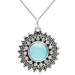 Zilveren ketting met hanger, zon met turquoise steen en rijk bewerkte rand